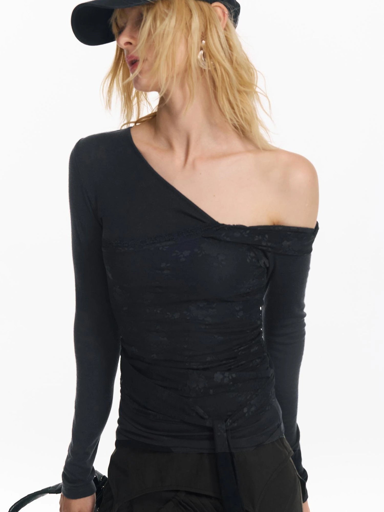Lace Patchwork Strap Slanted Shoulder Slim Long Sleeve T-shirt