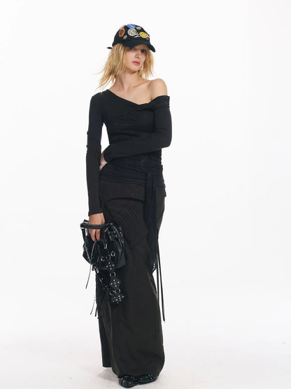Lace Patchwork Strap Slanted Shoulder Slim Long Sleeve T-shirt