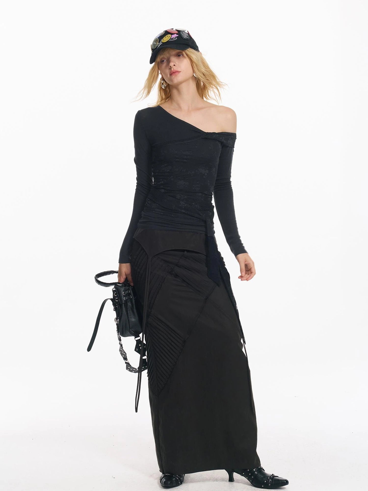 Lace Patchwork Strap Slanted Shoulder Slim Long Sleeve T-shirt