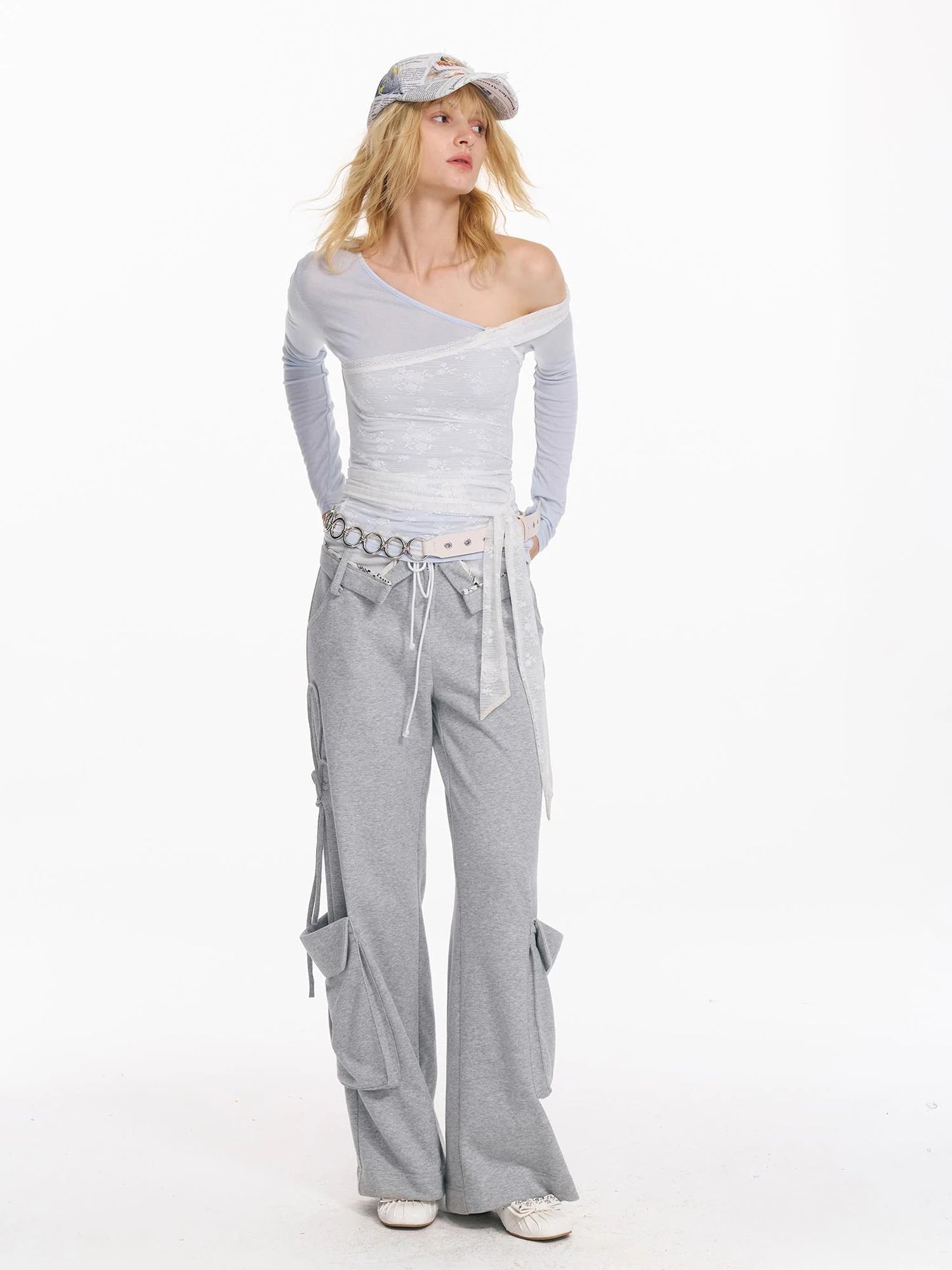 Lace Patchwork Strap Slanted Shoulder Slim Long Sleeve T-shirt