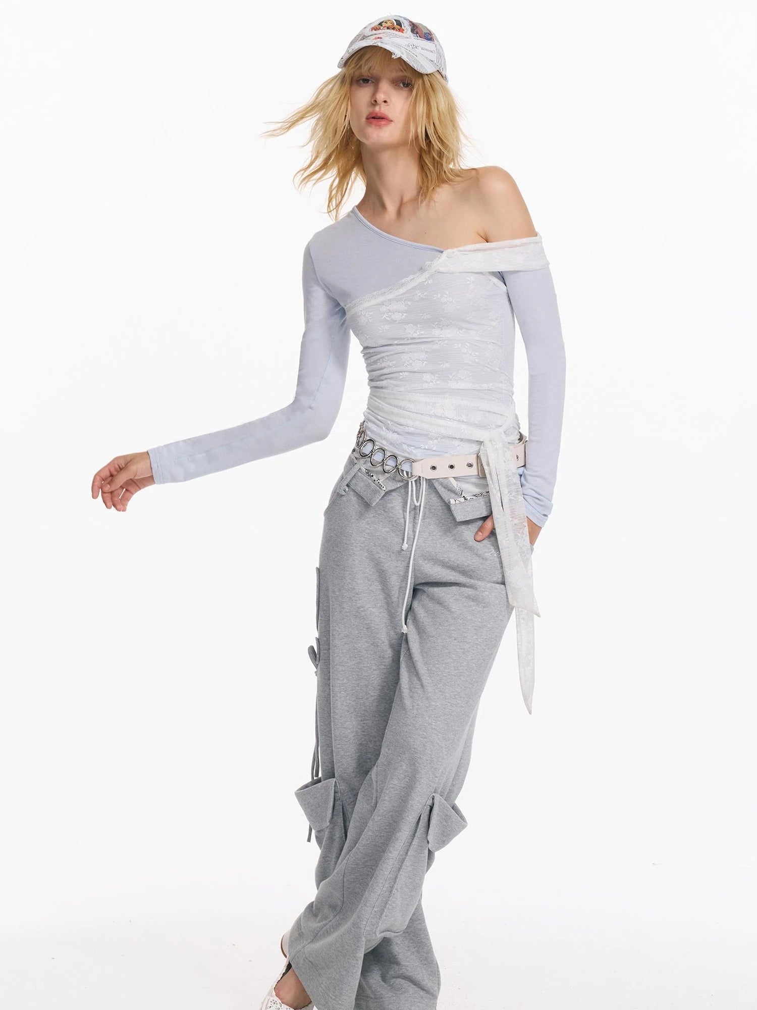 Lace Patchwork Strap Slanted Shoulder Slim Long Sleeve T-shirt