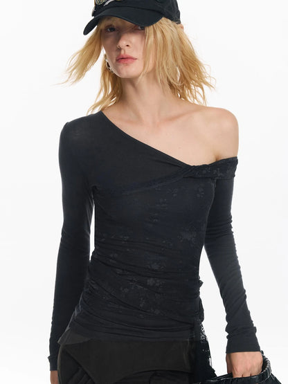 Lace Patchwork Strap Slanted Shoulder Slim Long Sleeve T-shirt