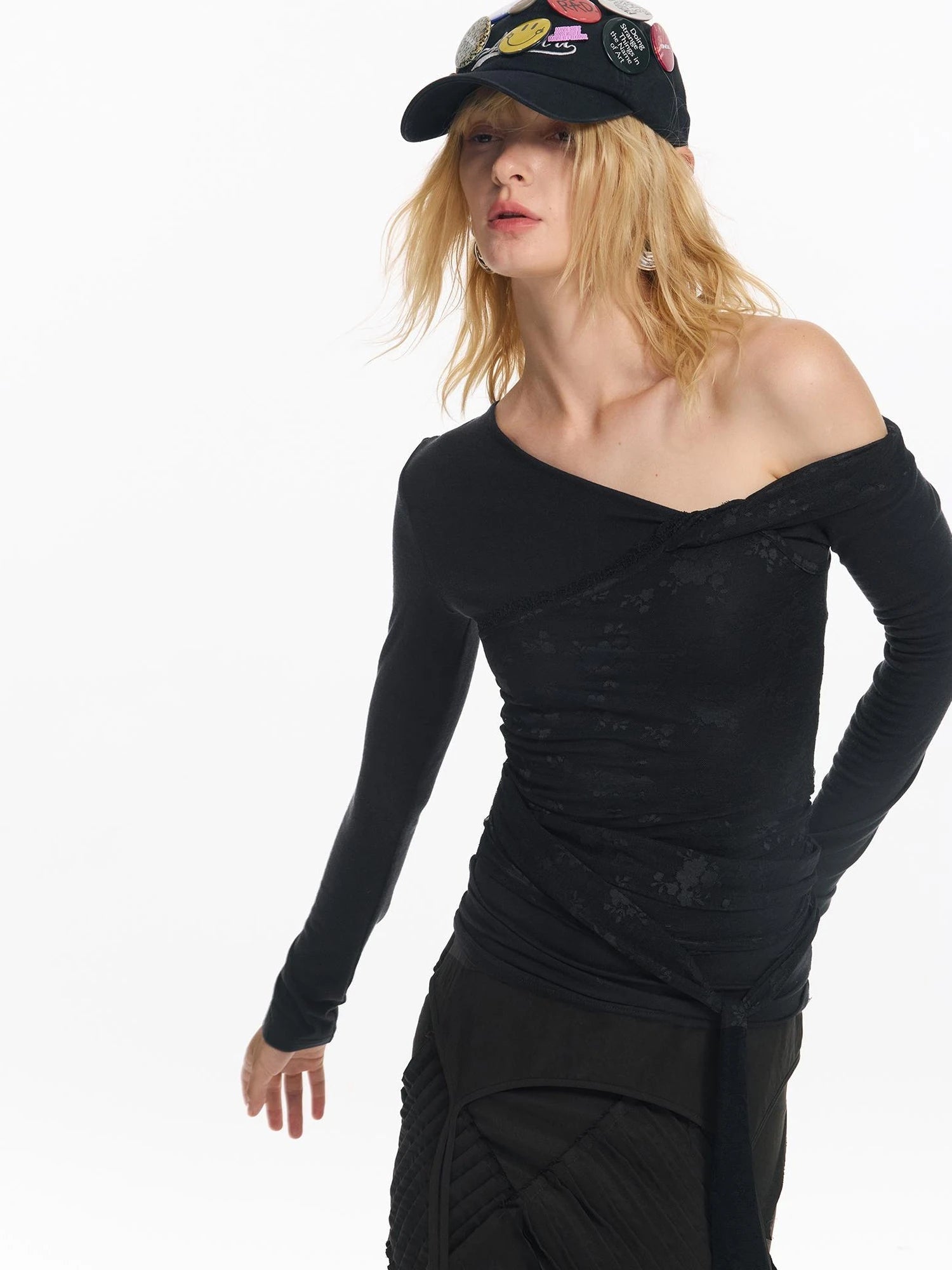 Lace Patchwork Strap Slanted Shoulder Slim Long Sleeve T-shirt