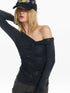 Lace Patchwork Strap Slanted Shoulder Slim Long Sleeve T-shirt