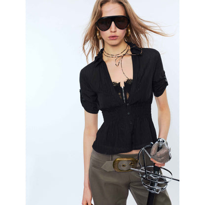 2th Desire Lace Punk Slim Fit V-neck Crop Cardigan Short Sleeve Waist Black Blouses
