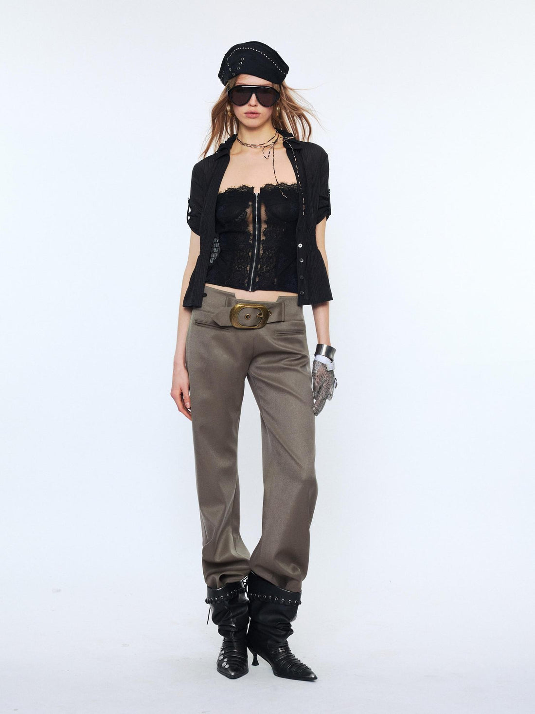 2th Desire Lace Punk Slim Fit V-neck Crop Cardigan Short Sleeve Waist Black Blouses