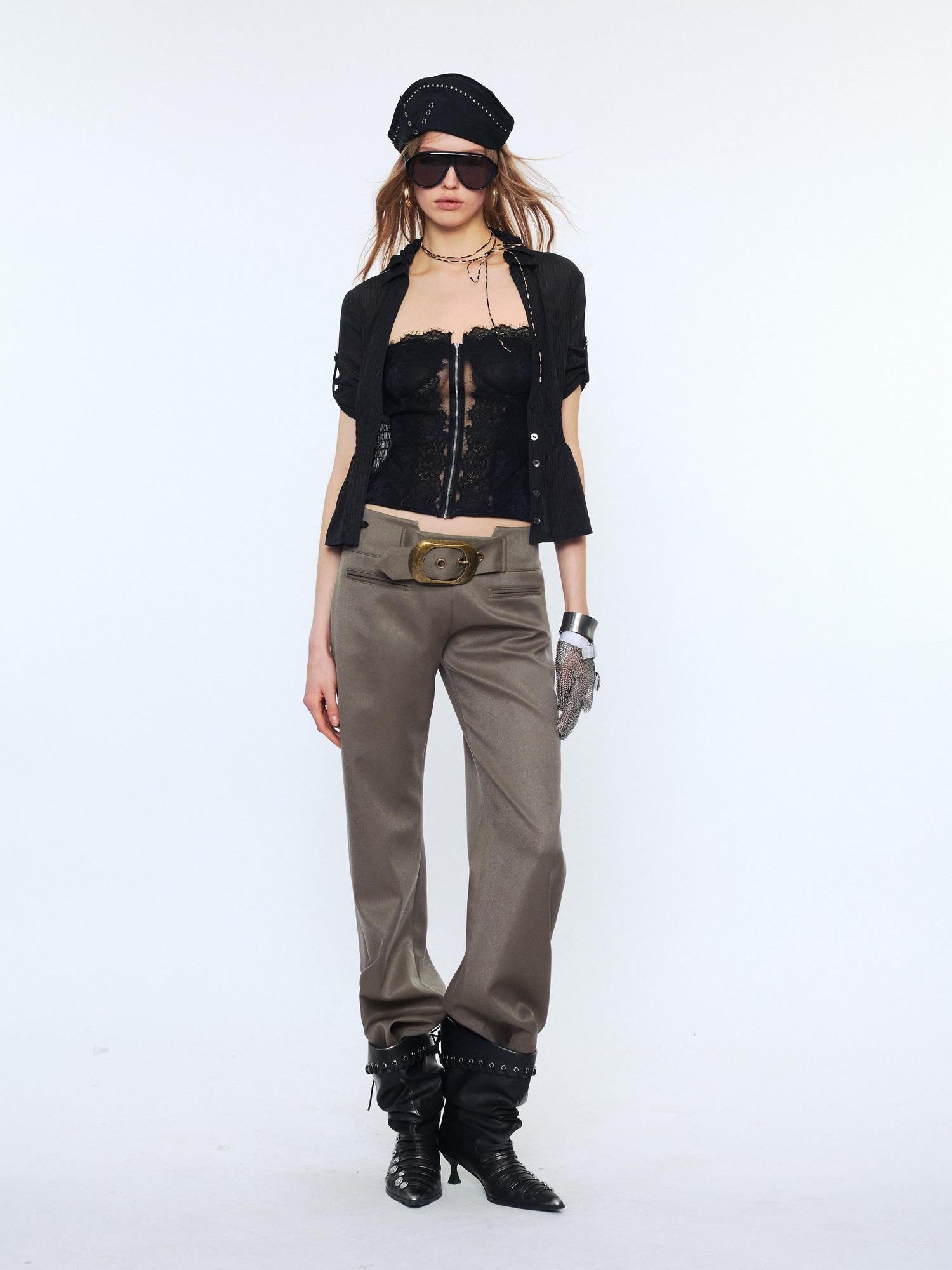 2th Desire Lace Punk Slim Fit V-neck Crop Cardigan Short Sleeve Waist Black Blouses