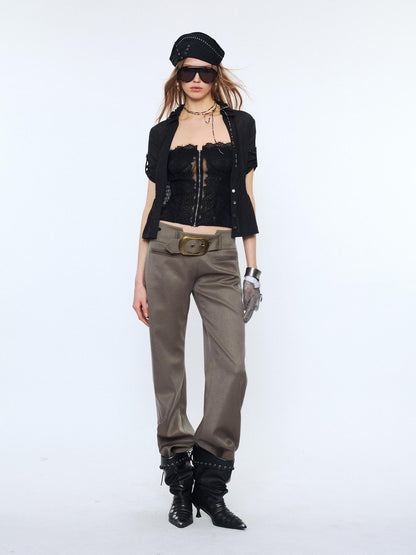2th Desire Lace Punk Slim Fit V-neck Crop Cardigan Short Sleeve Waist Black Blouses