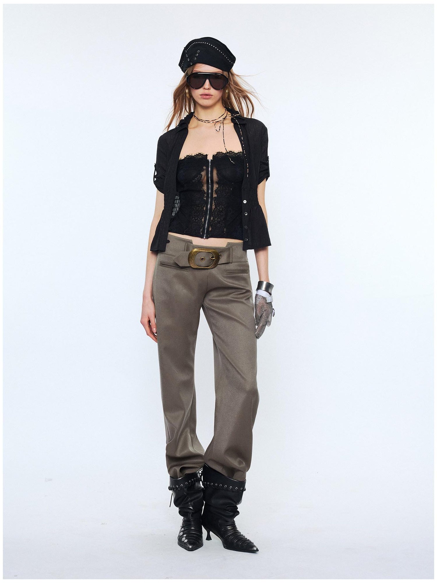2th Desire Lace Punk Slim Fit V-neck Crop Cardigan Short Sleeve Waist Black Blouses