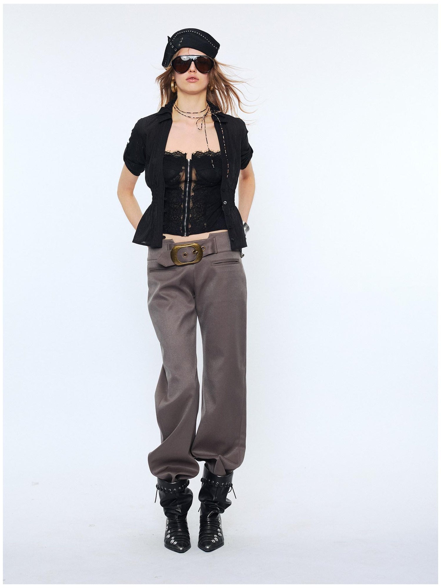 2th Desire Lace Punk Slim Fit V-neck Crop Cardigan Short Sleeve Waist Black Blouses
