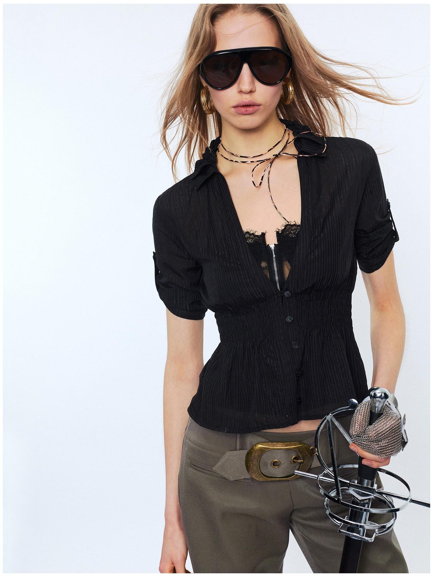 2th Desire Lace Punk Slim Fit V-neck Crop Cardigan Short Sleeve Waist Black Blouses