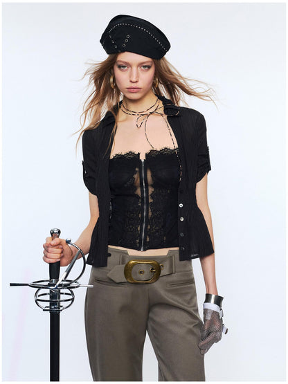 2th Desire Lace Punk Slim Fit V-neck Crop Cardigan Short Sleeve Waist Black Blouses