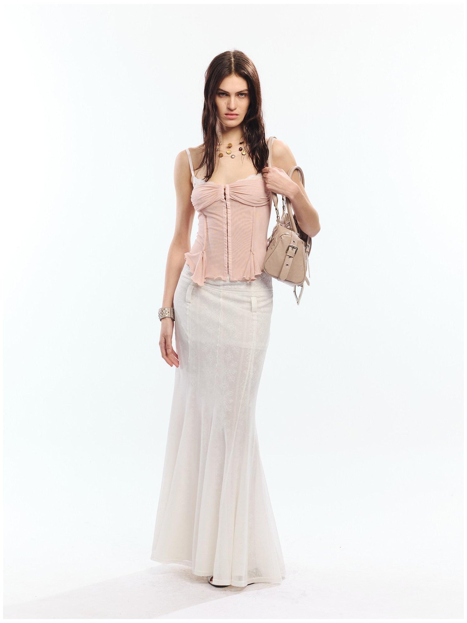 2th Desire Lace Spliced Mesh Waist Cinch Zip Front Women&