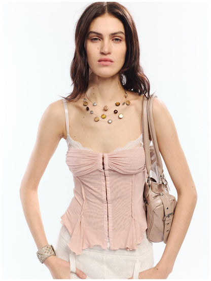 2th Desire Lace Spliced Mesh Waist Cinch Zip Front Women&