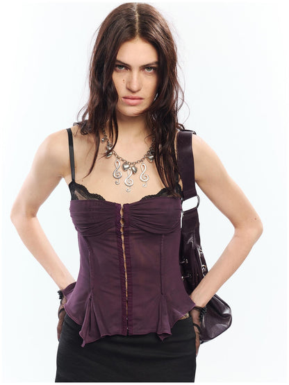 2th Desire Lace Spliced Mesh Waist Cinch Zip Front Women&