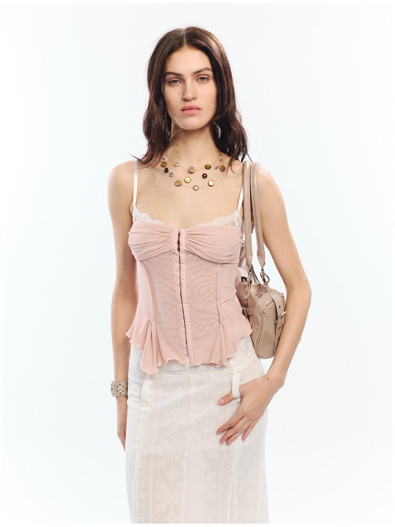 2th Desire Lace Spliced Mesh Waist Cinch Zip Front Women&