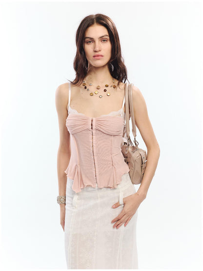 2th Desire Lace Spliced Mesh Waist Cinch Zip Front Women&