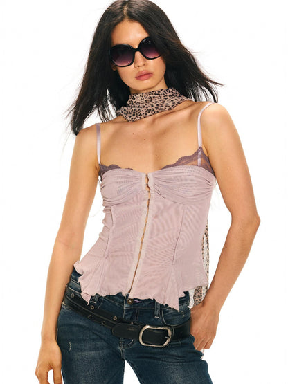 2th Desire Lace Spliced Mesh Waist Cinch Zip Front Women&