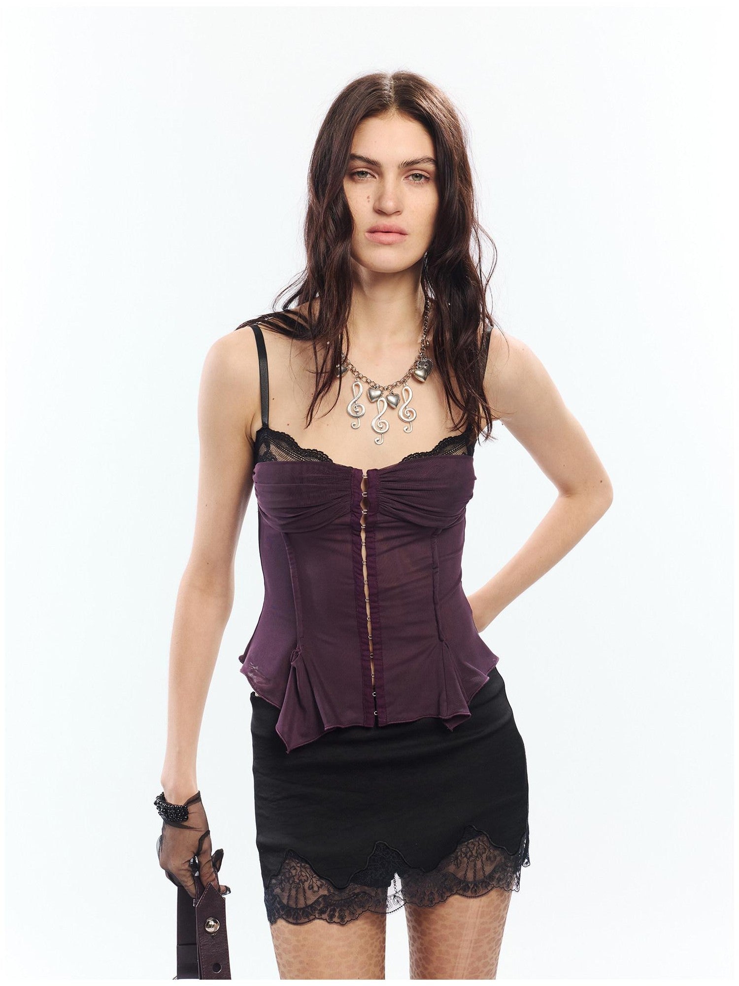 2th Desire Lace Spliced Mesh Waist Cinch Zip Front Women&
