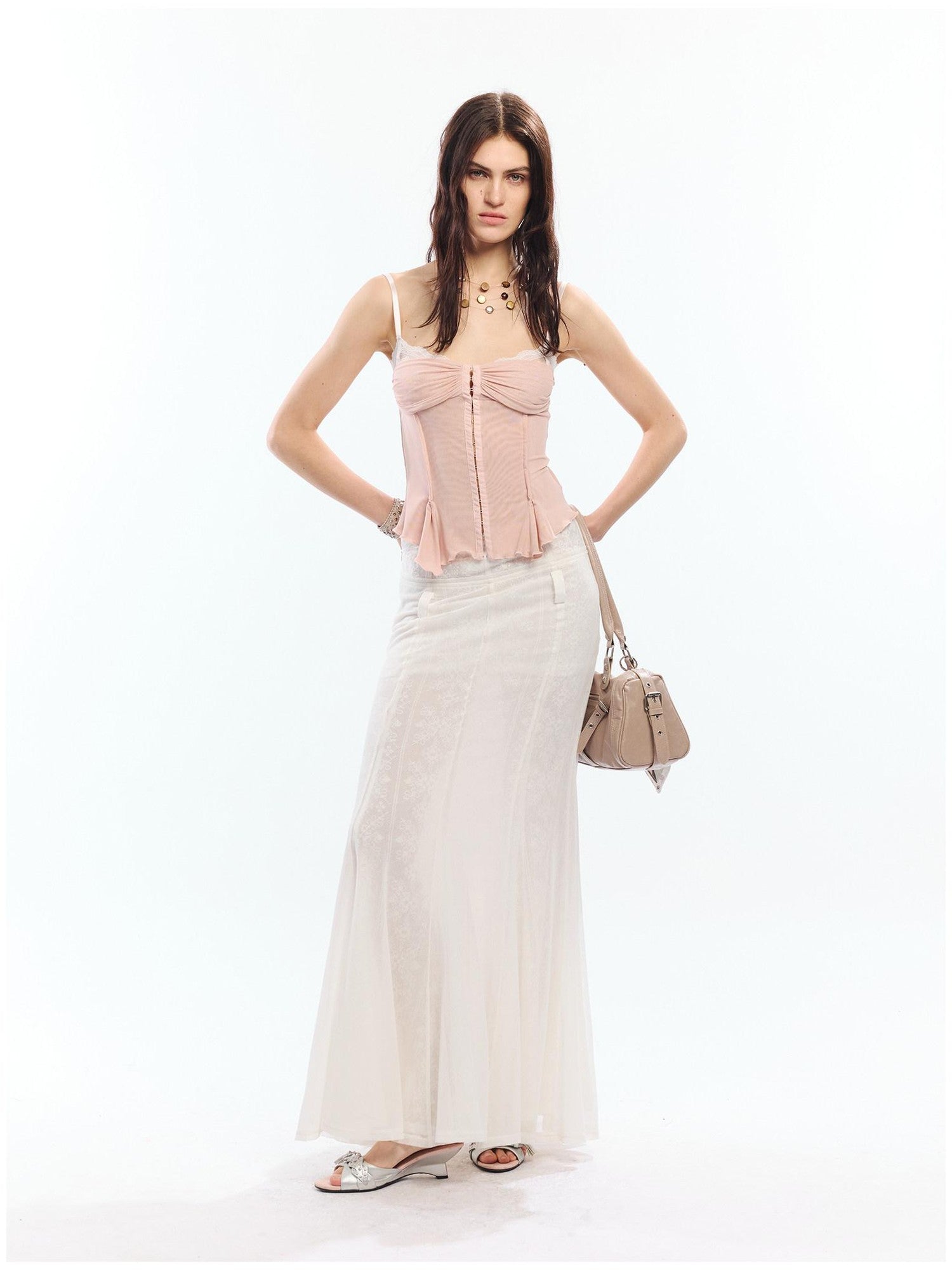 2th Desire Lace Spliced Mesh Waist Cinch Zip Front Women&