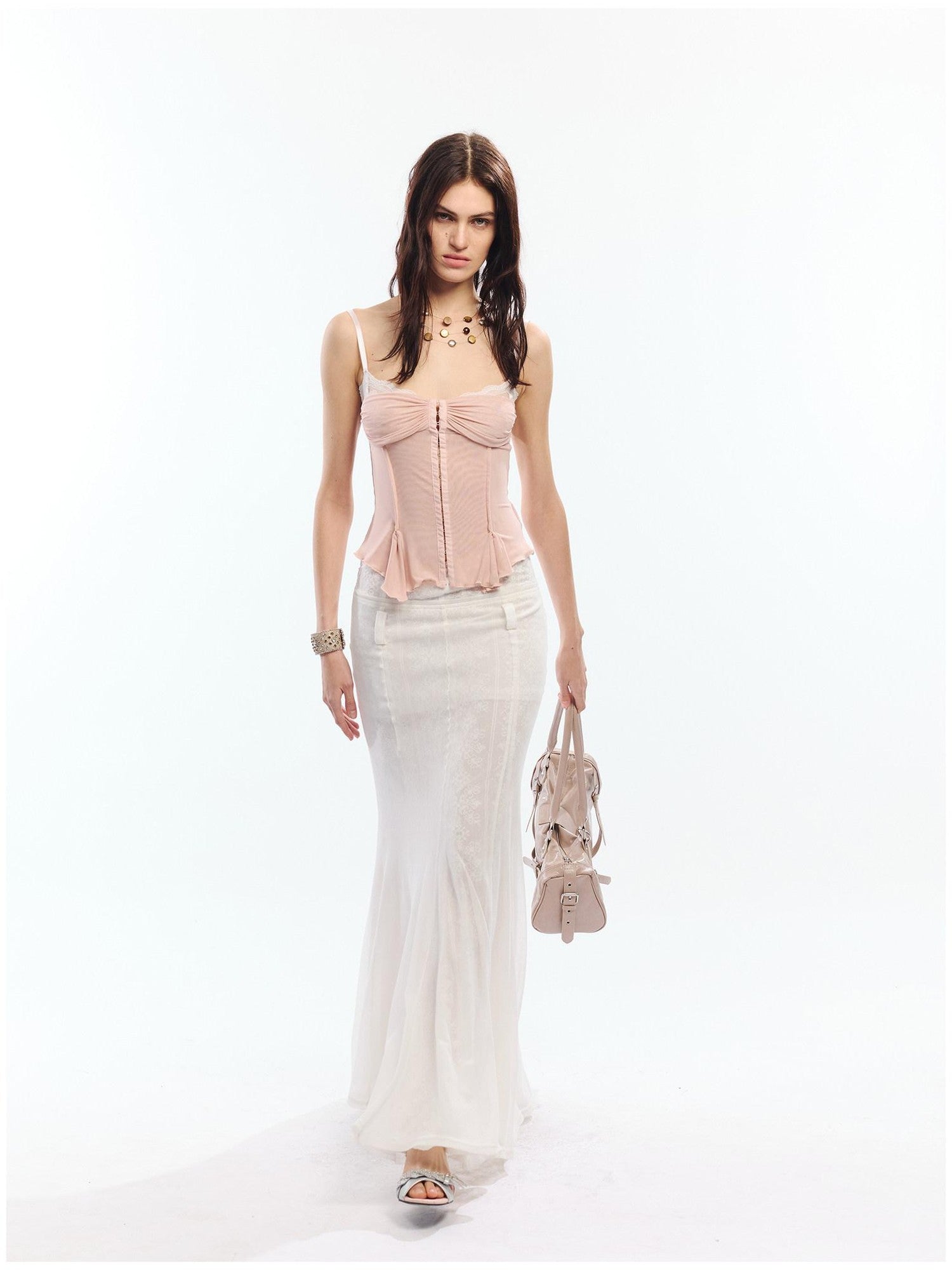 2th Desire Lace Spliced Mesh Waist Cinch Zip Front Women&