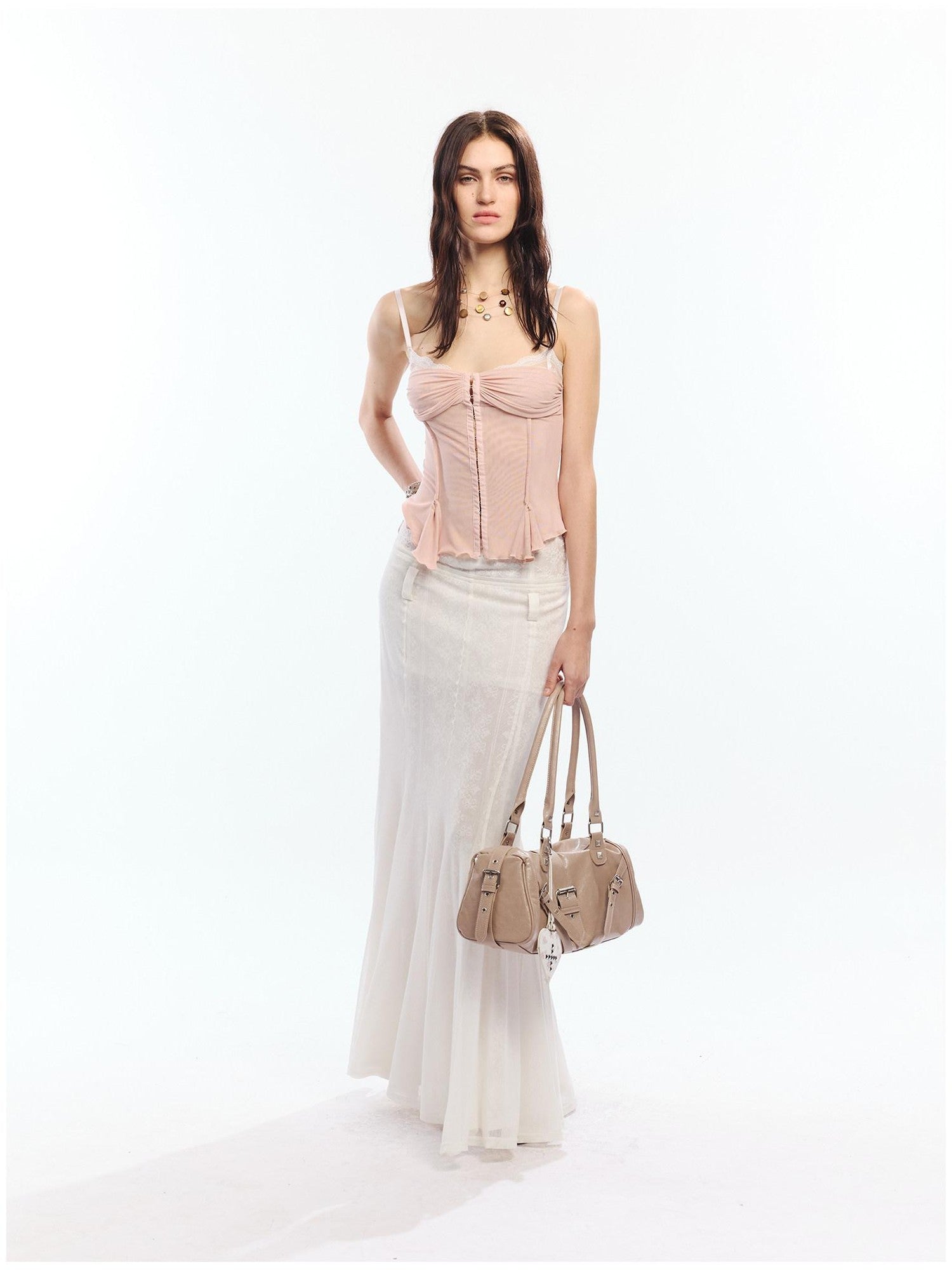 2th Desire Lace Spliced Mesh Waist Cinch Zip Front Women&