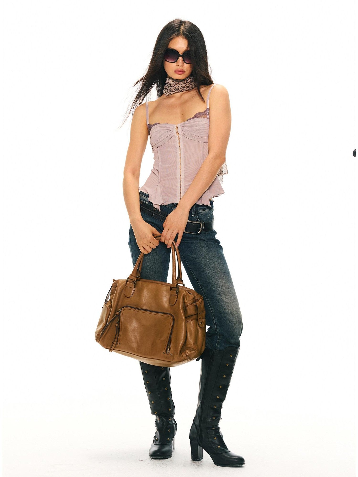 2th Desire Lace Spliced Mesh Waist Cinch Zip Front Women&