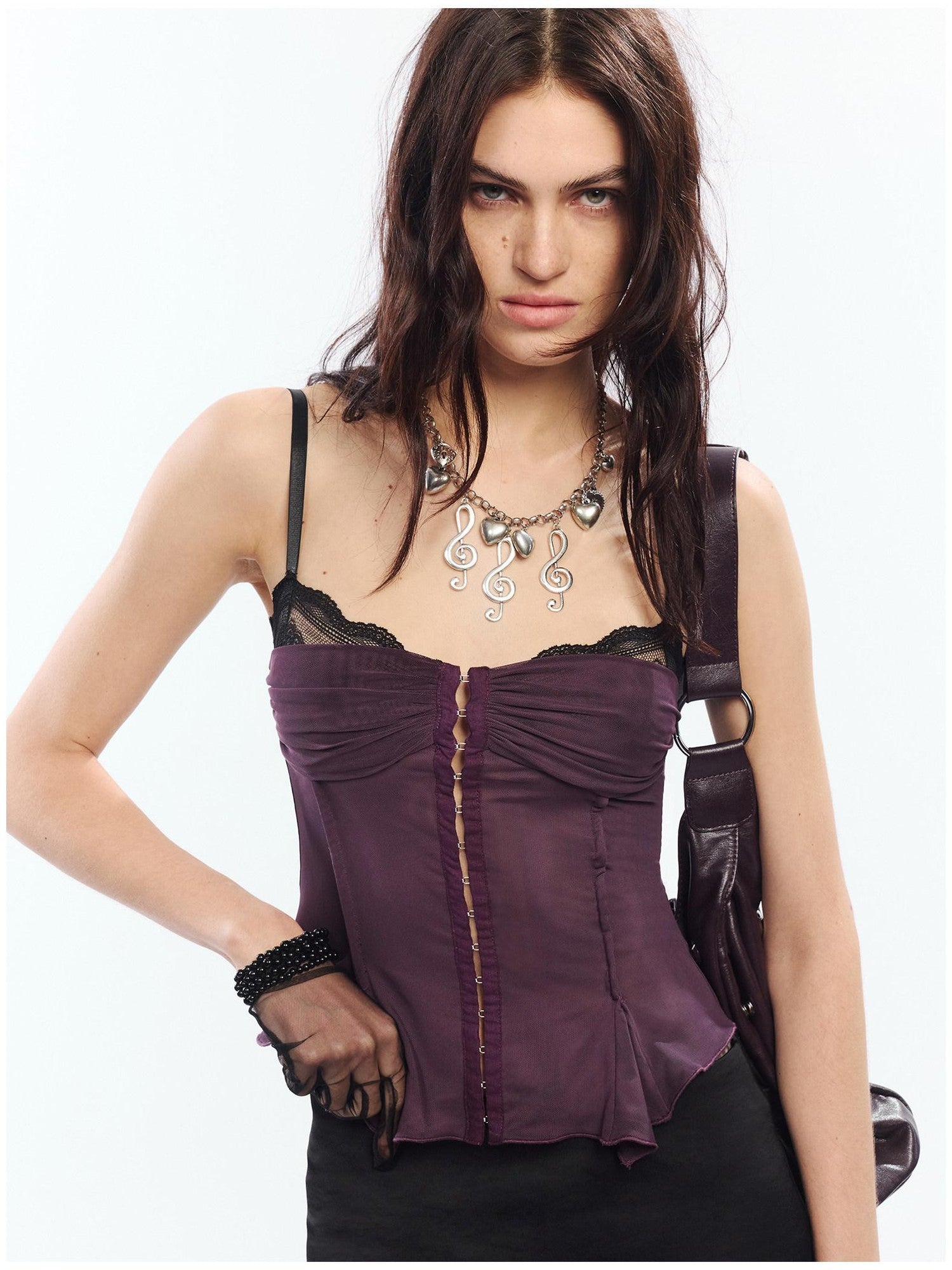 2th Desire Lace Spliced Mesh Waist Cinch Zip Front Women&