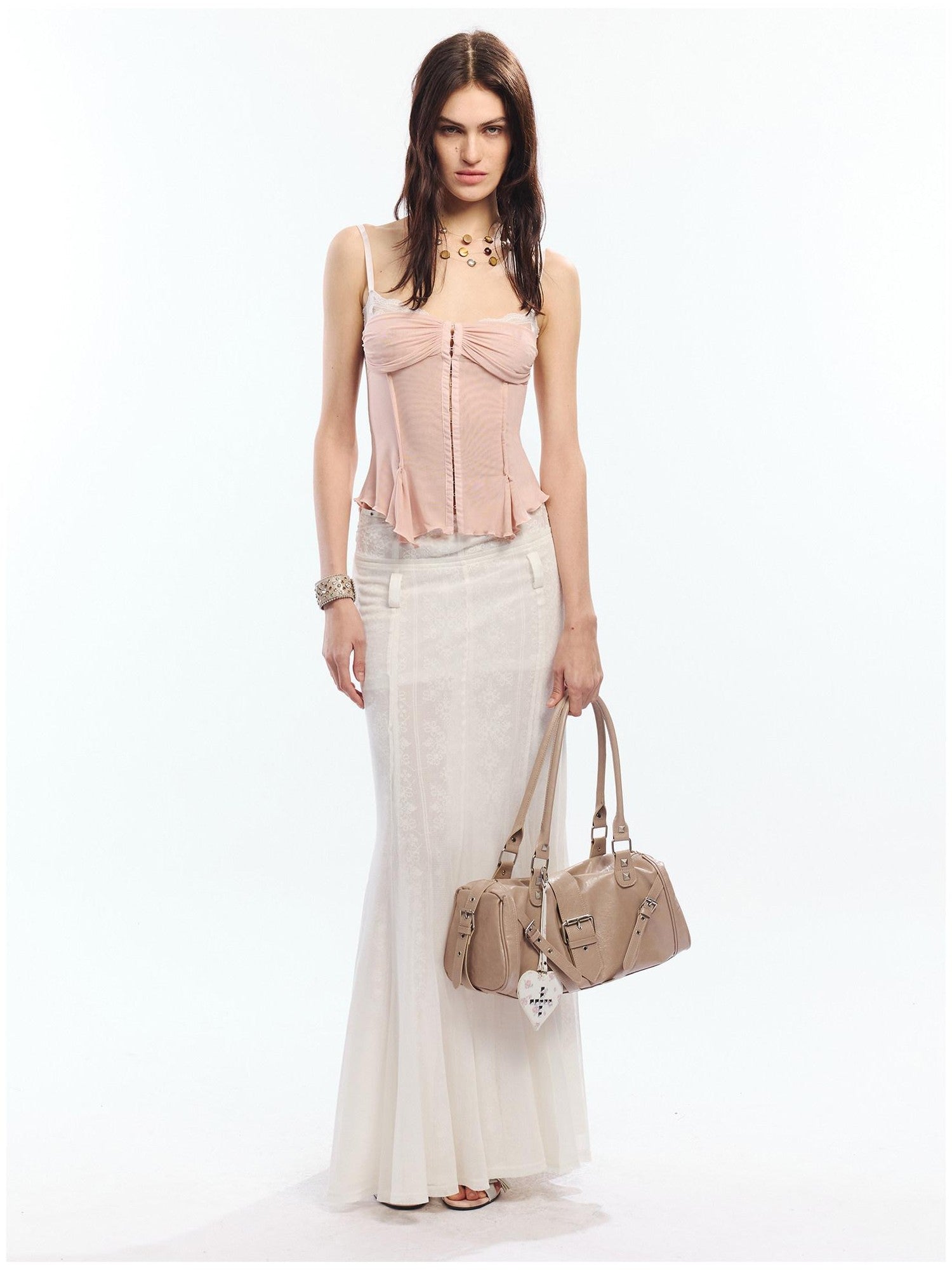 2th Desire Lace Spliced Mesh Waist Cinch Zip Front Women&