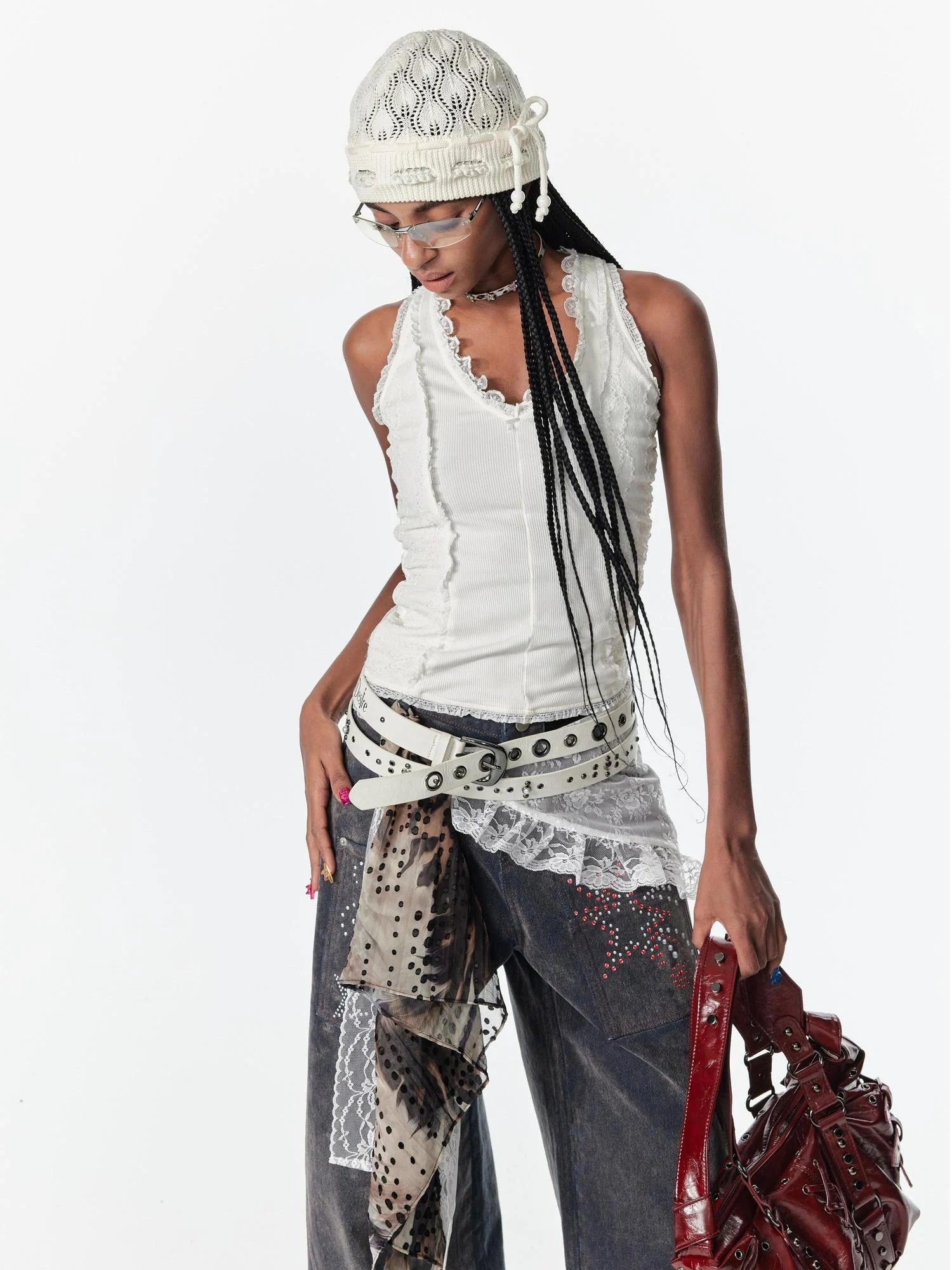 Lace Trimmed Layered Mesh Over Skirt With Ties