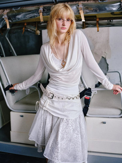 Lace Trimmed Lyocell Swing Neck Long Sleeve Top