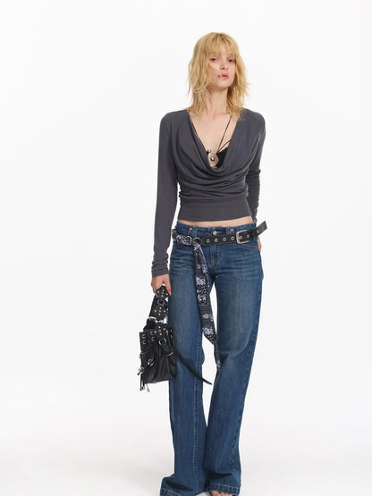 Lace Trimmed Lyocell Swing Neck Long Sleeve Top
