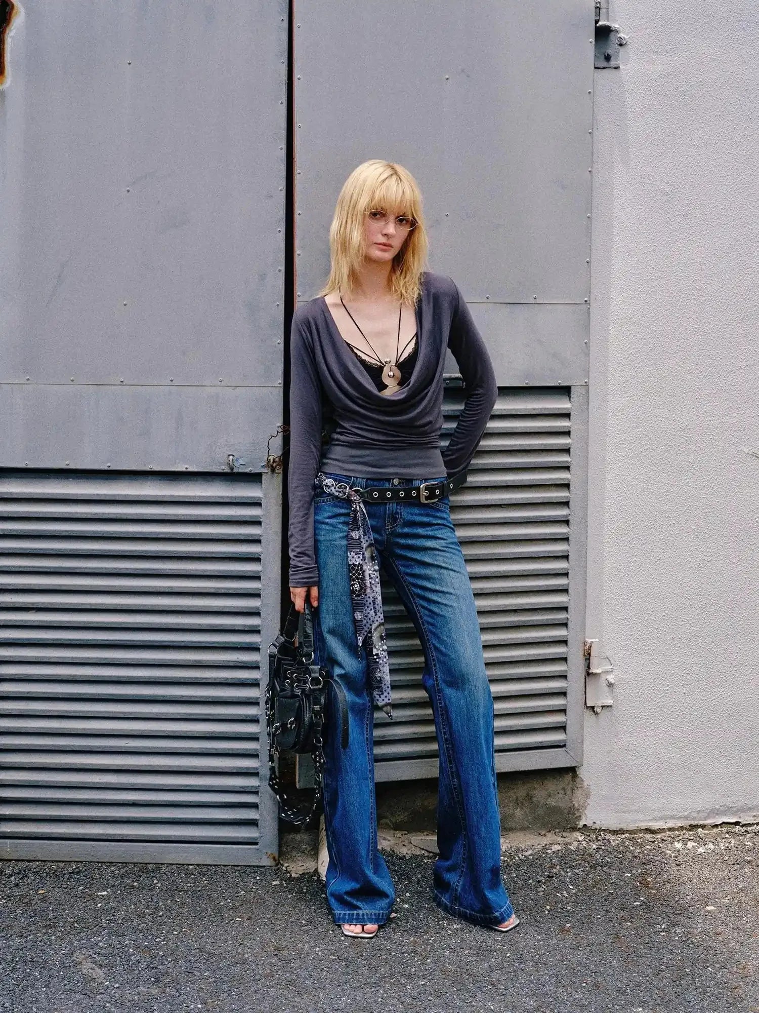 Lace Trimmed Lyocell Swing Neck Long Sleeve Top