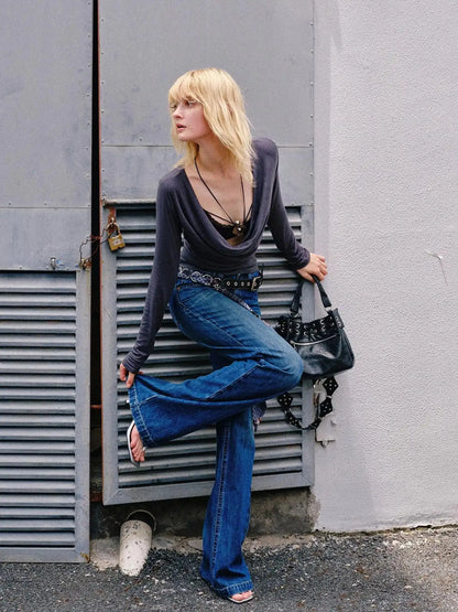 Lace Trimmed Lyocell Swing Neck Long Sleeve Top