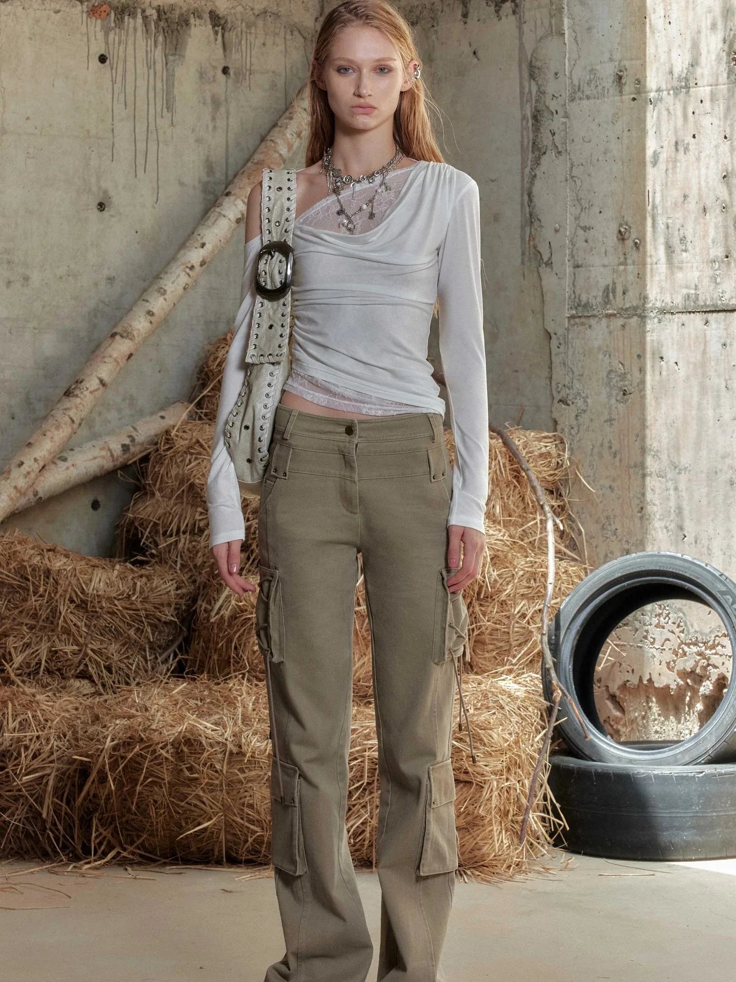 Lace Trimmed Off Shoulder Long Sleeve Top