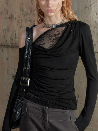 Lace Trimmed Off Shoulder Long Sleeve Top
