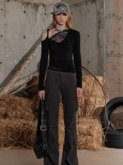 2th Desire Lace Trimmed Off Shoulder Long Sleeve Top