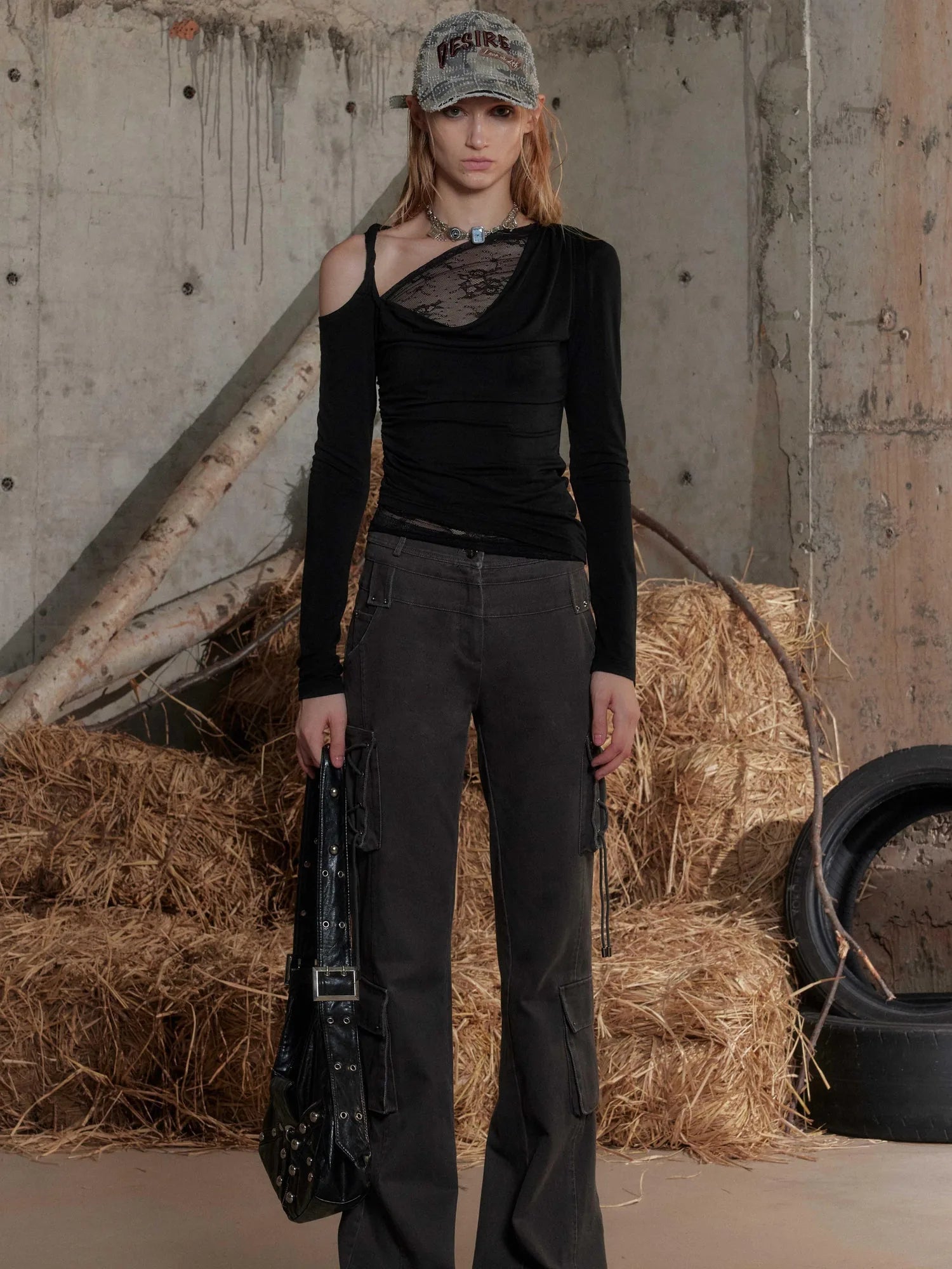 Lace Trimmed Off Shoulder Long Sleeve Top