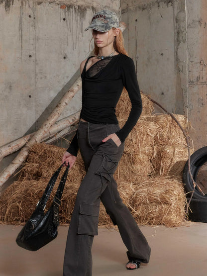 Lace Trimmed Off Shoulder Long Sleeve Top