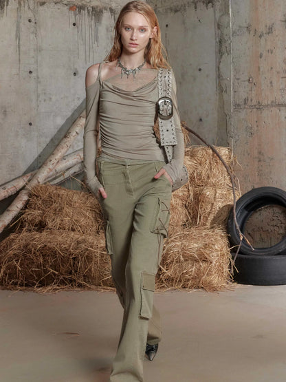 Lace Trimmed Off Shoulder Long Sleeve Top