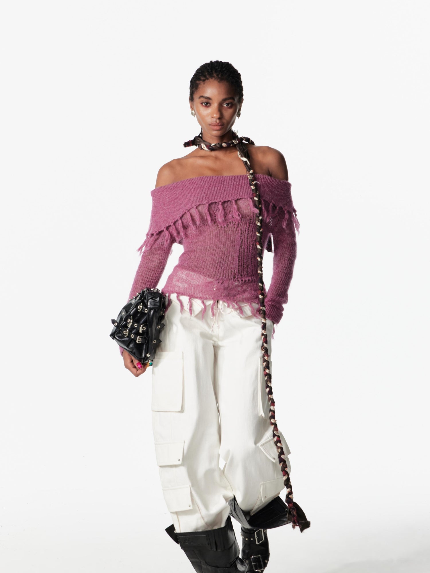 2th Desire Lace Up Crochet Sweater With Fringe Detail