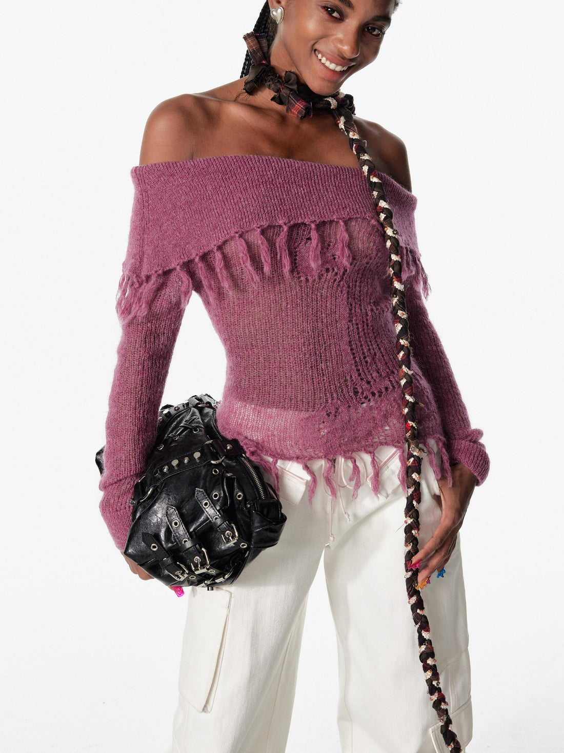 2th Desire Lace Up Crochet Sweater With Fringe Detail