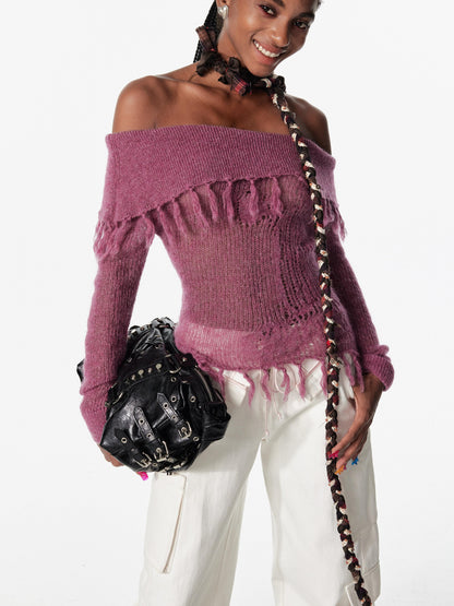 2th Desire Lace Up Crochet Sweater With Fringe Detail