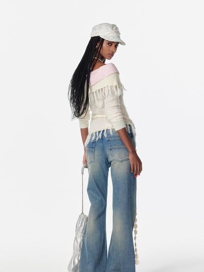 2th Desire Lace Up Crochet Sweater With Fringe Detail