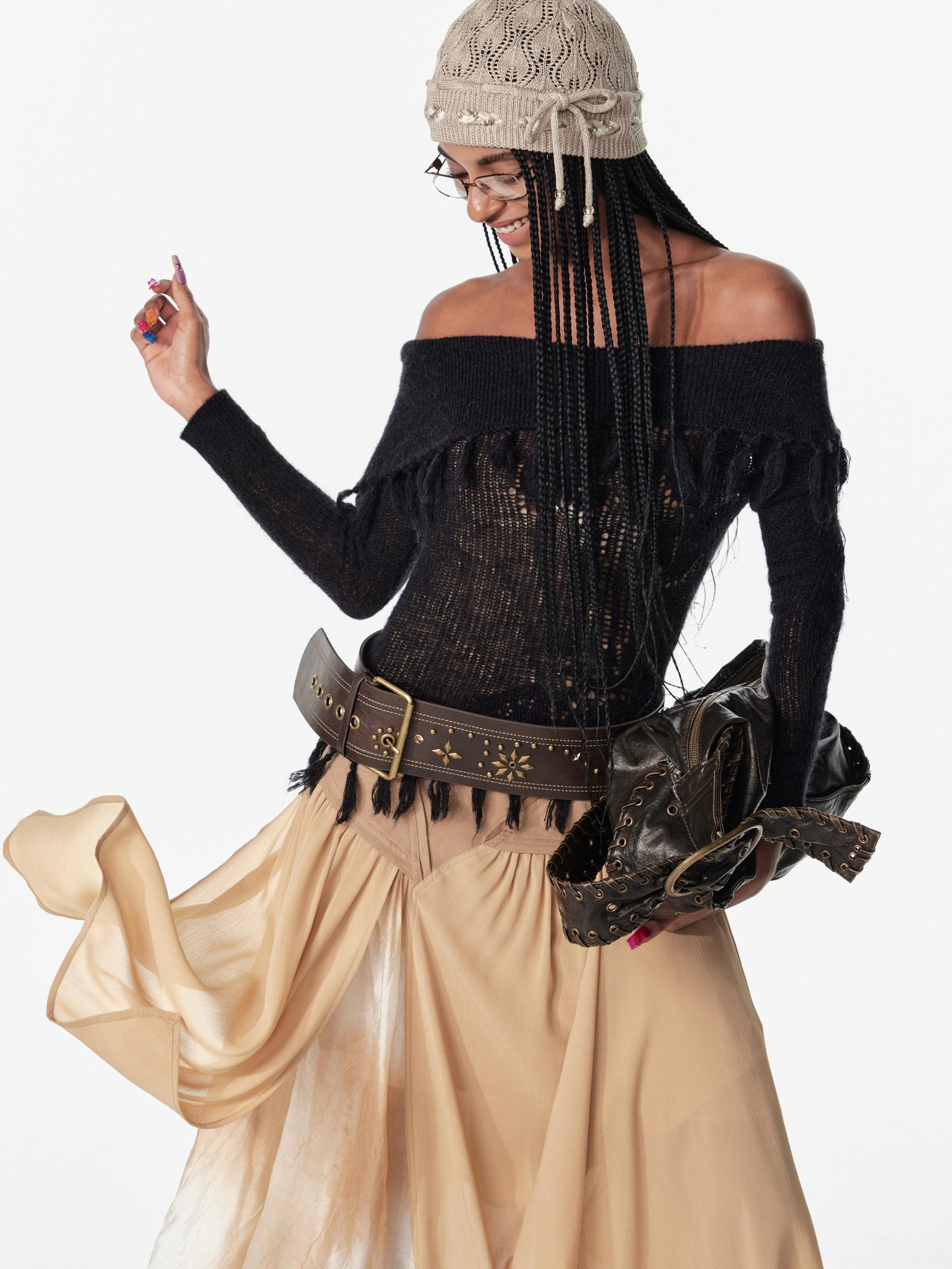 2th Desire Lace Up Crochet Sweater With Fringe Detail