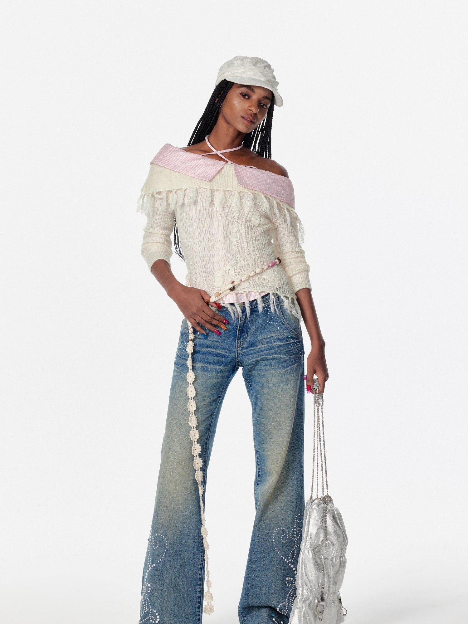 2th Desire Lace Up Crochet Sweater With Fringe Detail
