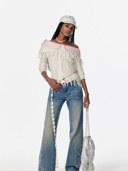 2th Desire Lace Up Crochet Sweater With Fringe Detail