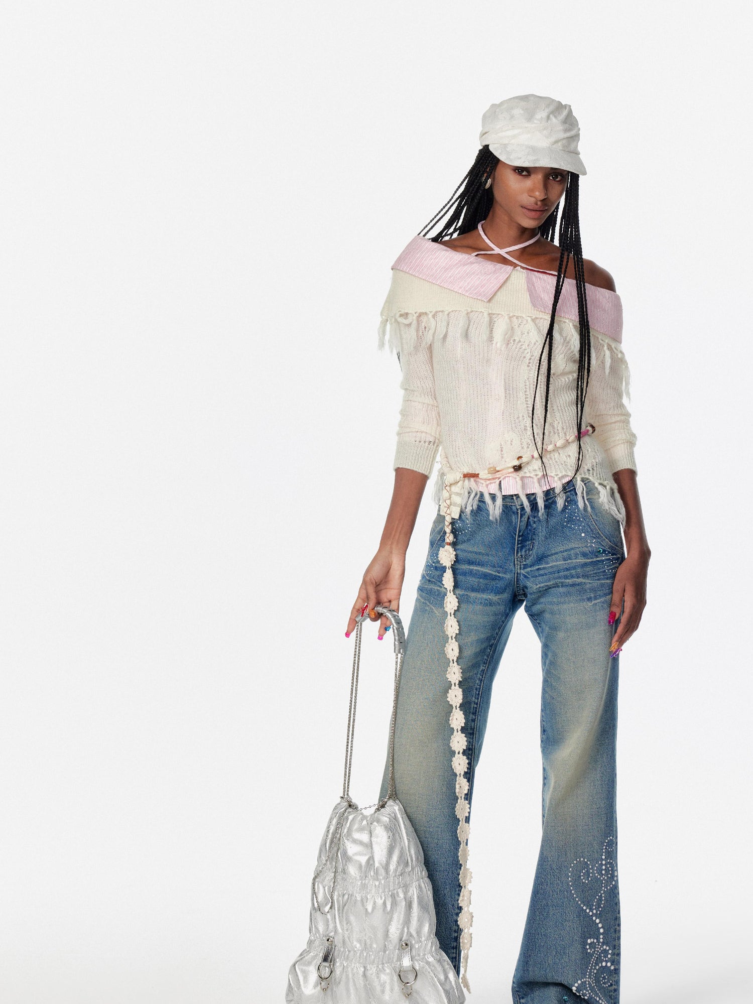 2th Desire Lace Up Crochet Sweater With Fringe Detail