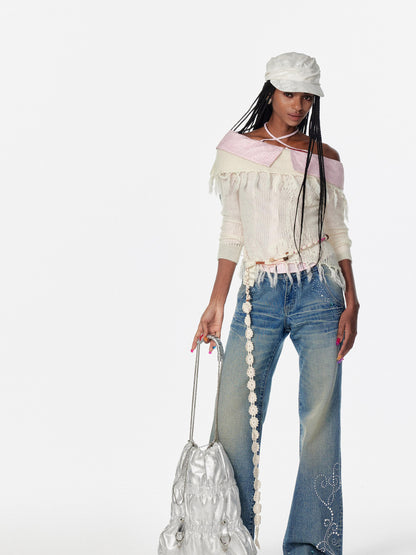 2th Desire Lace Up Crochet Sweater With Fringe Detail