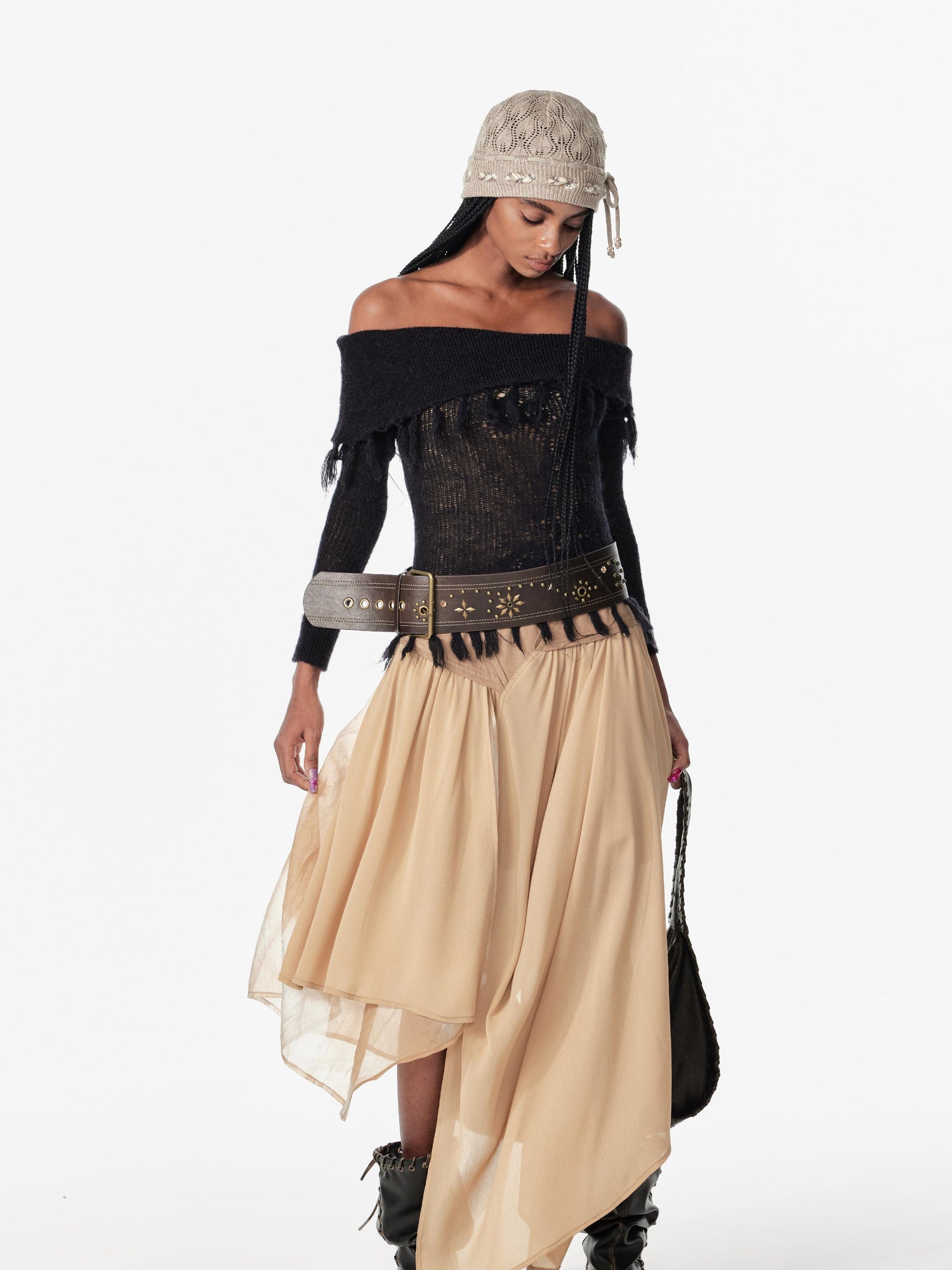 2th Desire Lace Up Crochet Sweater With Fringe Detail